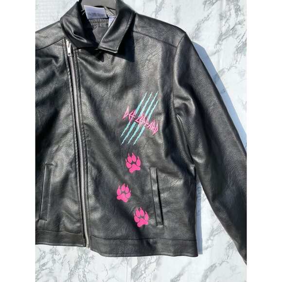 Def Leppard Girls Moto Jacket Black Leather Look Size 14/16 With Pink Paw Prints - Picture 4 of 7